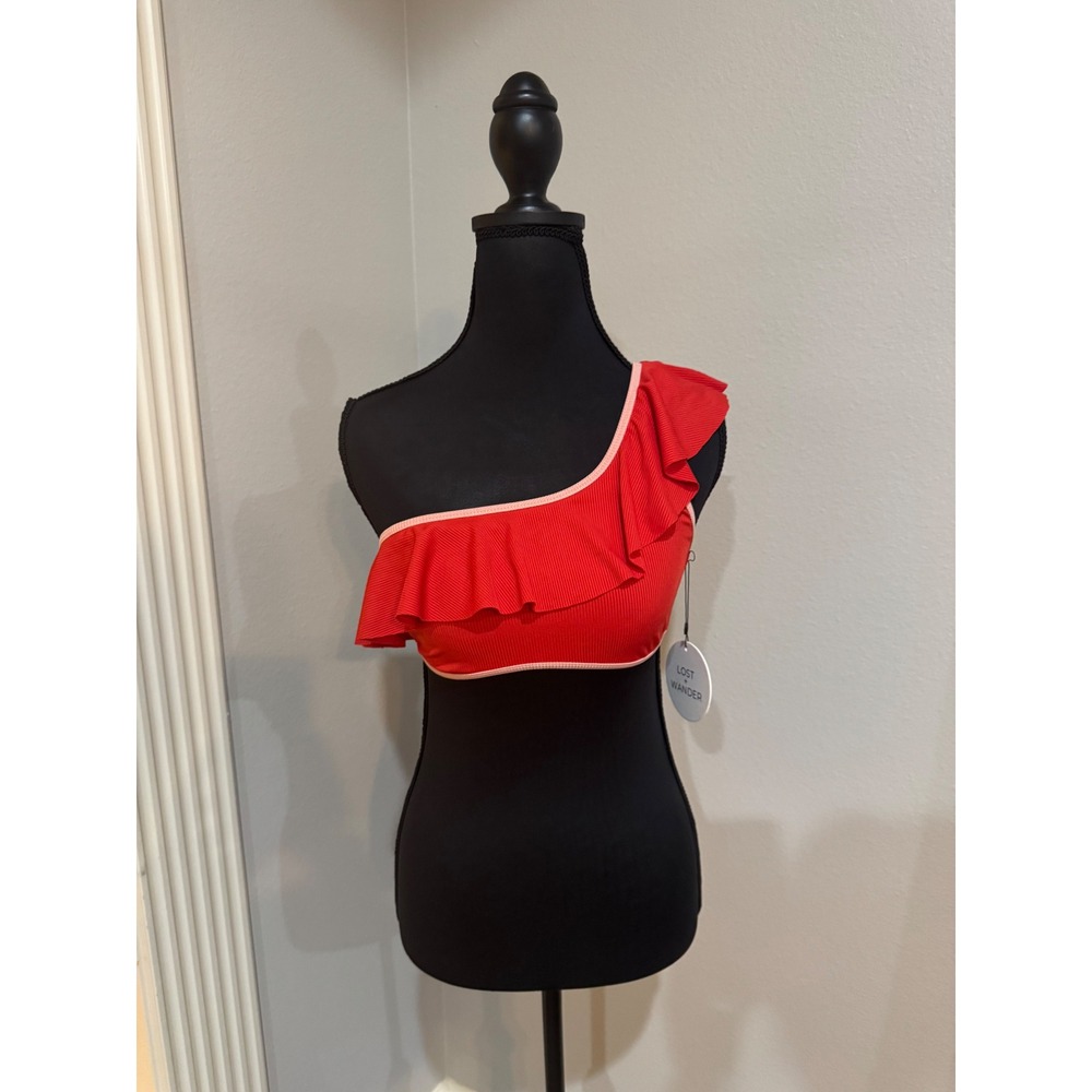 Lost + Wander Red Ruffle One Shoulder Ribbed Swim Top Trendy Size S‎ - Picture 2 of 5